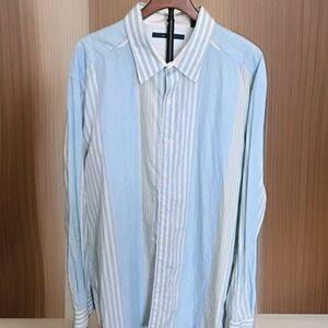 Perry Ellis Mens 2XLT Blue Stripe Button Up Shirt Cotton Long Sleeve